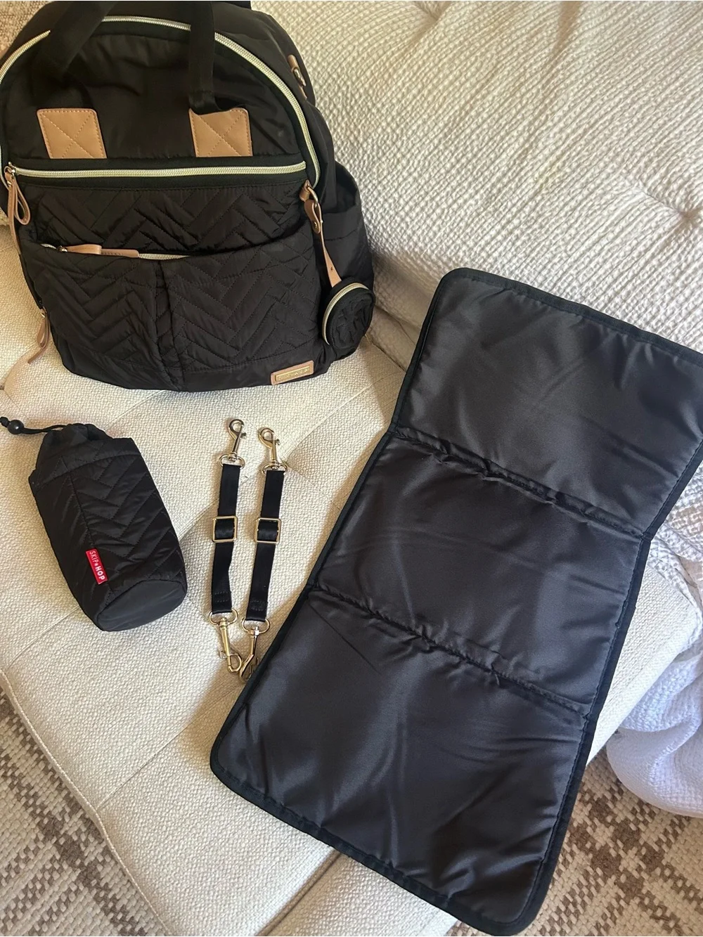 Skip Hop 6 in 1 Black Quilted Diaper Backpack with Tan Trim and Accessories